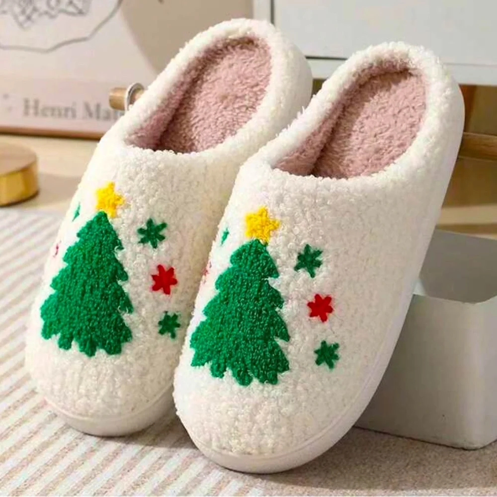 Holiday Christmas Tree Fuzzy Slippers - Picture 1 of 5